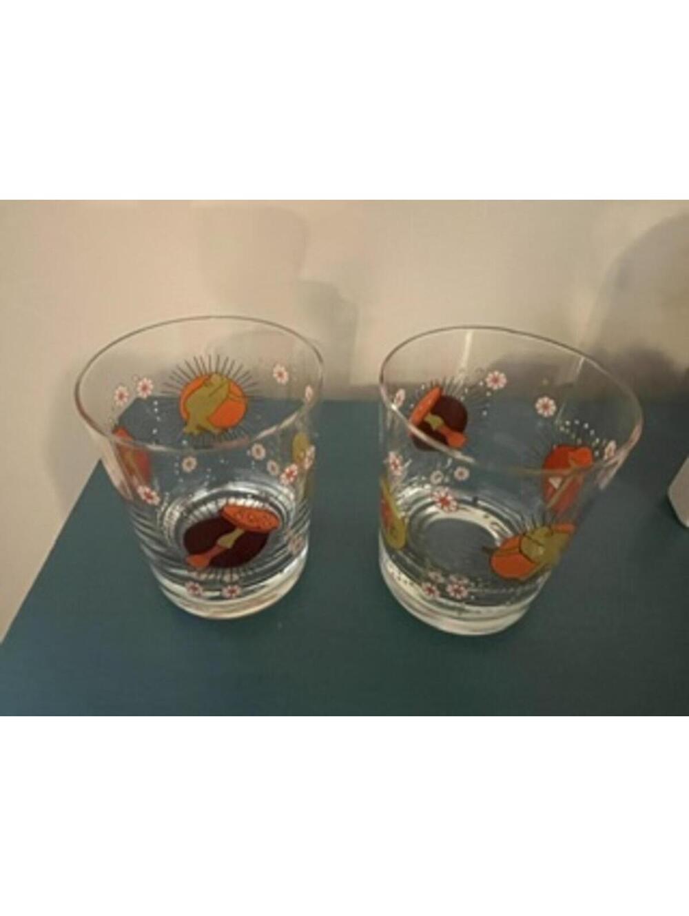 Set of 2 Vintage Glasses with Colorful Mushroom and Ladybug Design 1970's